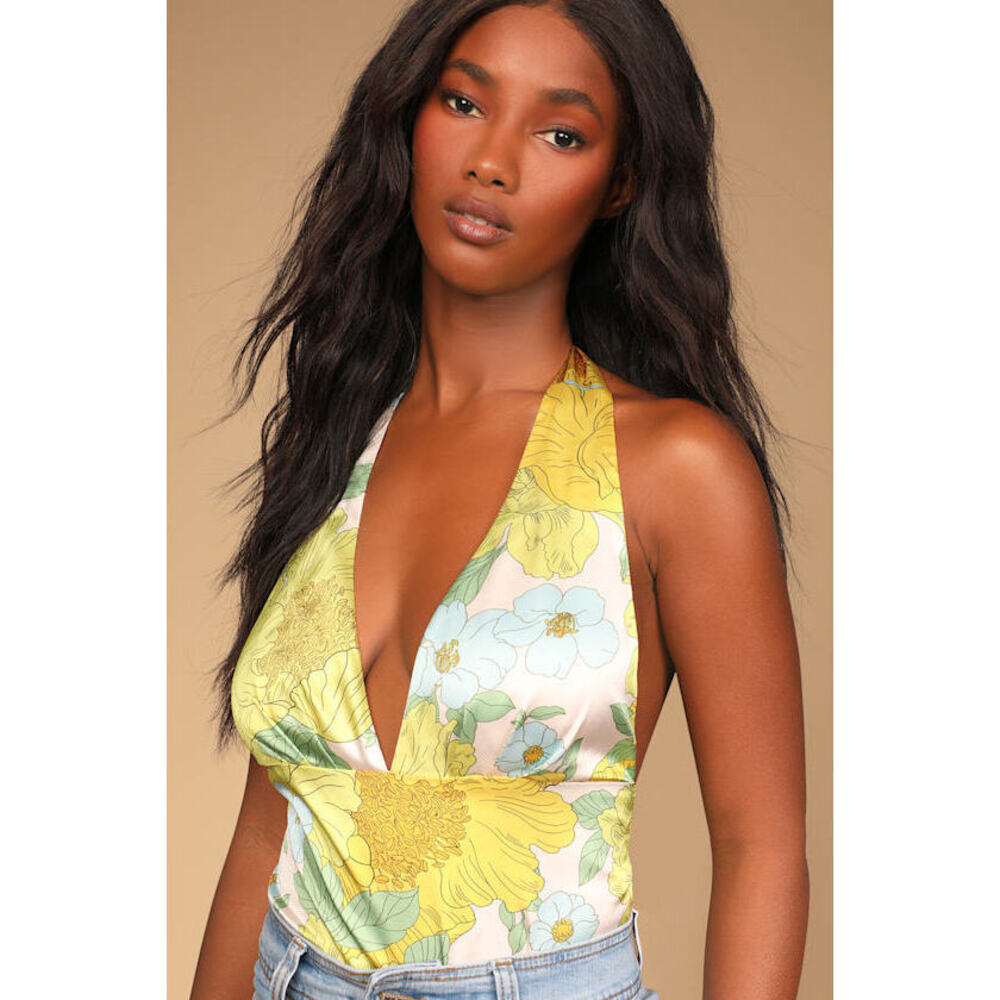 Lulu's Yellow Floral Halter Bodysuit with Pastel Blue & Green Accents